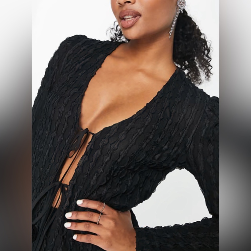 Lola May tie front textured top in black